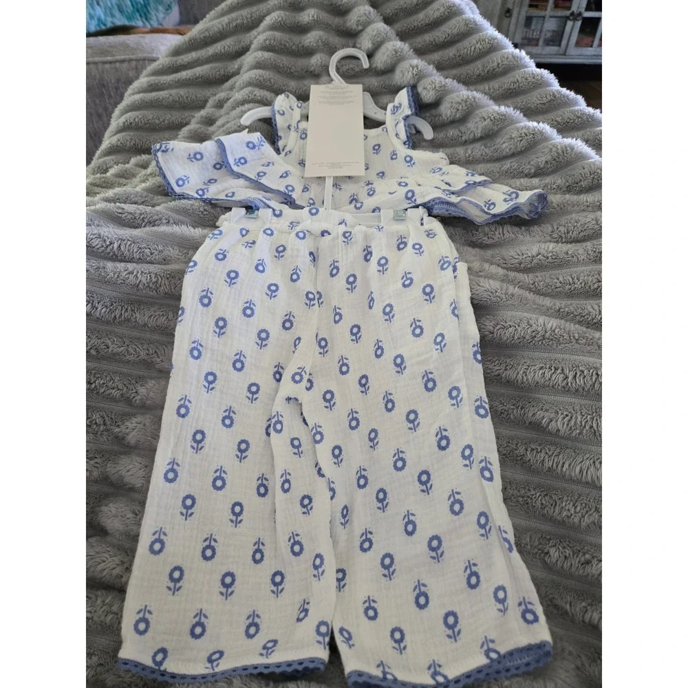 RZ by Rachel Zoe Baby Girls 3pc Cotton Gauze Set Top Pants Sunglasses Blue 12M